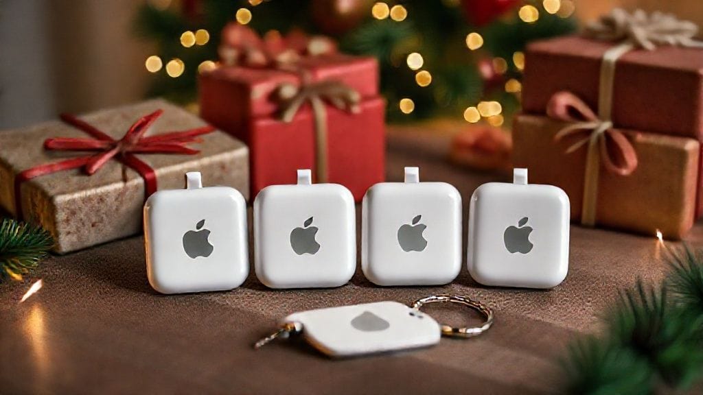 Apple AirTags 4-pack on sale displayed with holiday gifts and accessories.