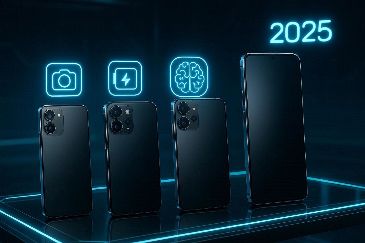 Futuristic display of top 2025 smartphones emphasizing cameras, batteries, and AI features."