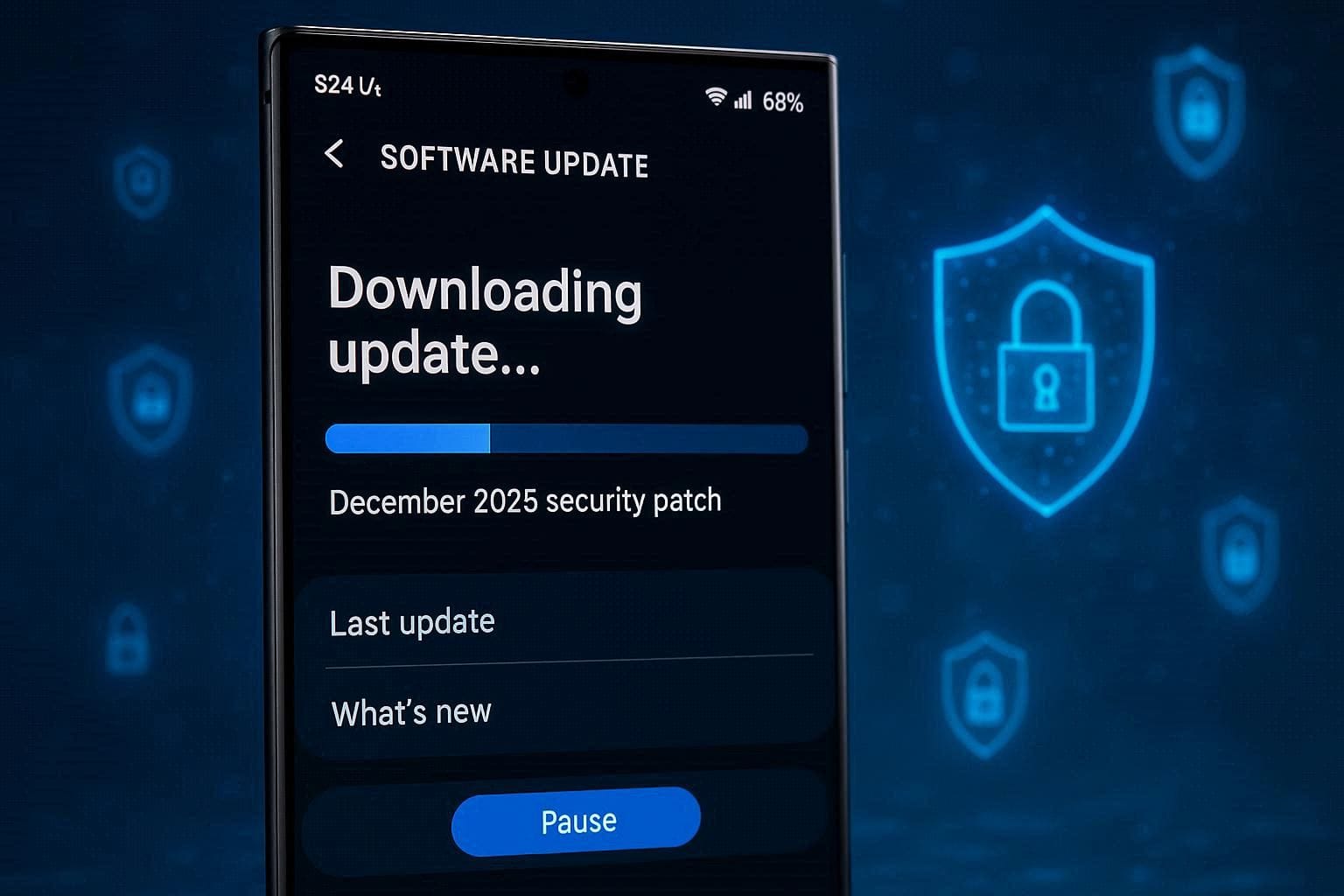 Galaxy S24 installing December 2025 security update with security icons.