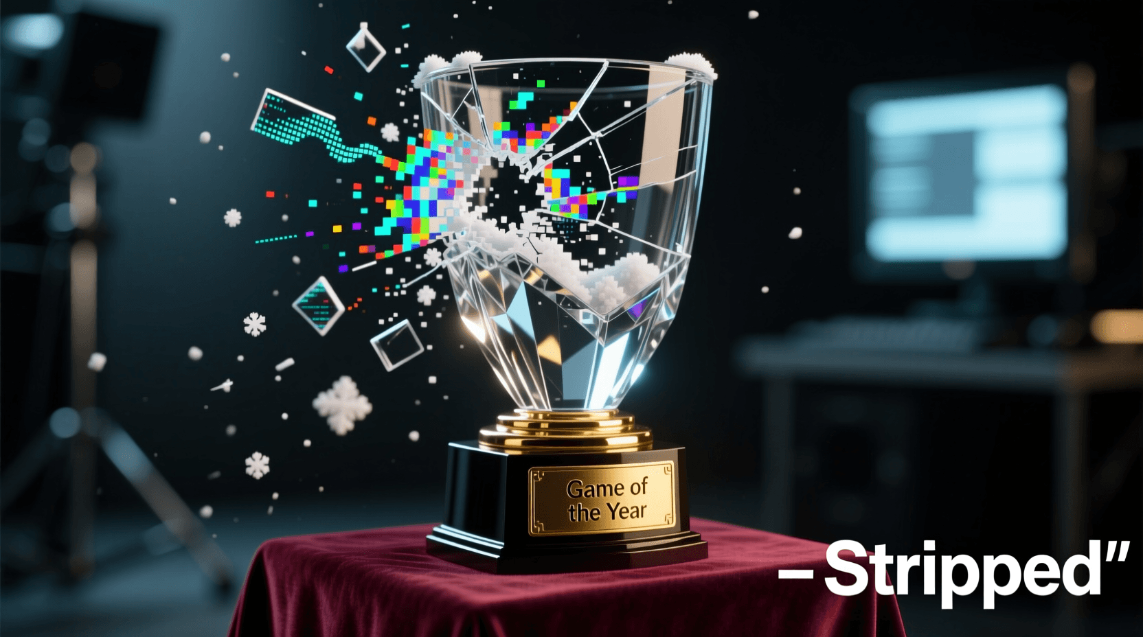 A Game of the Year award trophy dissolving into digital glitches and pixels.