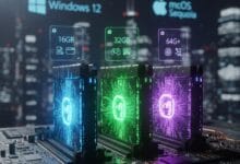 2026 RAM requirements visualized: 16GB for office work, 32GB for gaming, 64GB+ for AI workloads on next-gen DDR6 memory modules