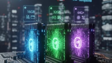 2026 RAM requirements visualized: 16GB for office work, 32GB for gaming, 64GB+ for AI workloads on next-gen DDR6 memory modules