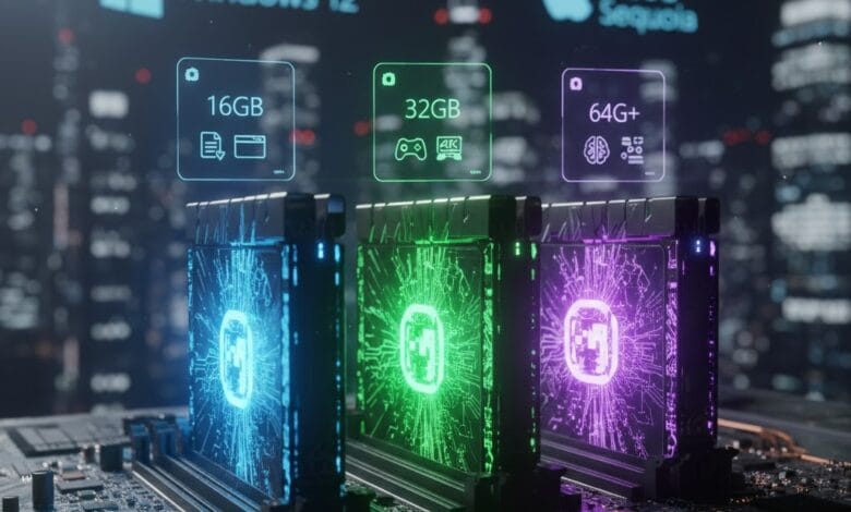 2026 RAM requirements visualized: 16GB for office work, 32GB for gaming, 64GB+ for AI workloads on next-gen DDR6 memory modules